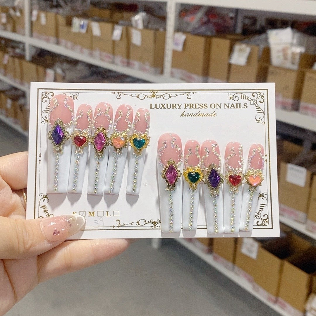 Multicolor Heart Gem Extra Long Press On Nails