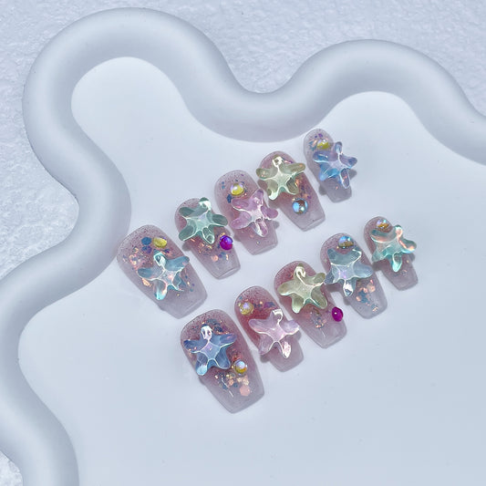 Summer ice through handmade press-on nails mocha water ripple starfish fresh short nail patch wearable nail sticker｜365nails