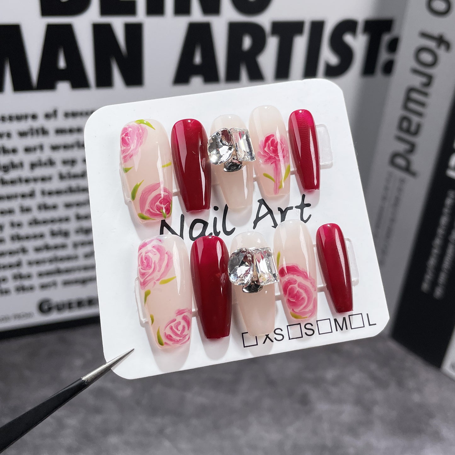 Autumn and winter new hand-painted rose handmade press-on nails simple stack diamond advanced nail patch wearable nail sticker｜365nails