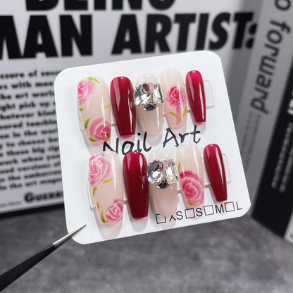 Autumn and winter new hand-painted rose handmade press-on nails simple stack diamond advanced nail patch wearable nail sticker｜365nails