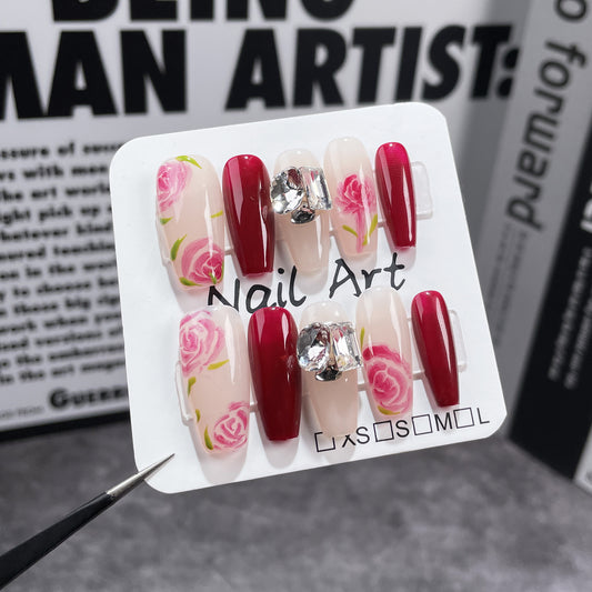 Autumn and winter new hand-painted rose handmade press-on nails simple stack diamond advanced nail patch wearable nail sticker｜365nails