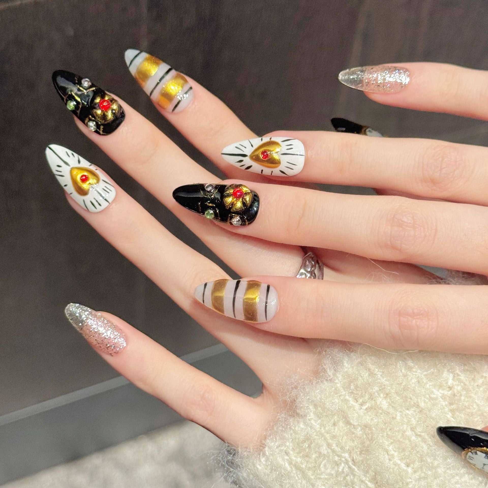 365nails: "Timeless Opulence" – 3D Watch & Heart Handmade Short Almond Nails