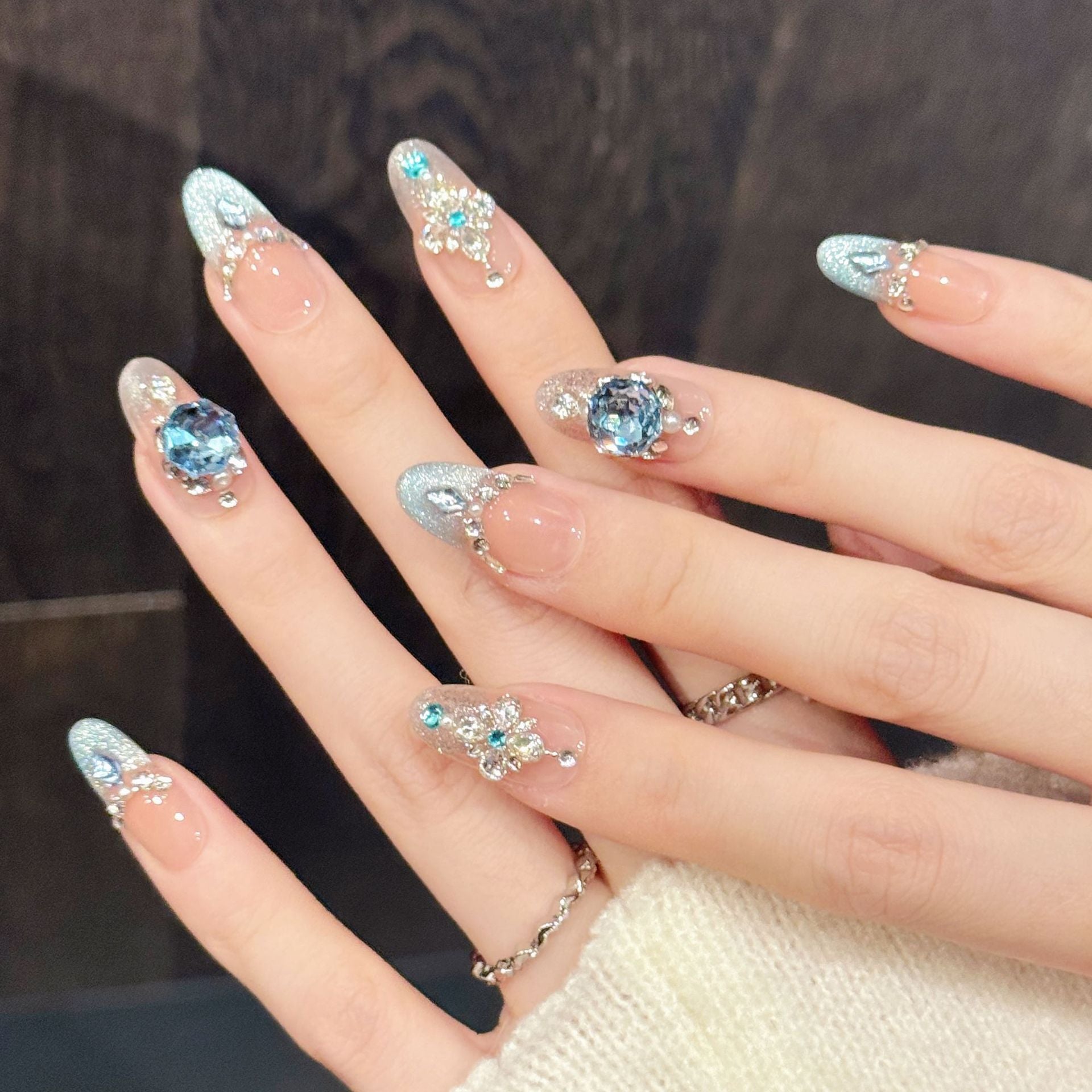 Icy Blue Crystal Gradient French Press On Nails