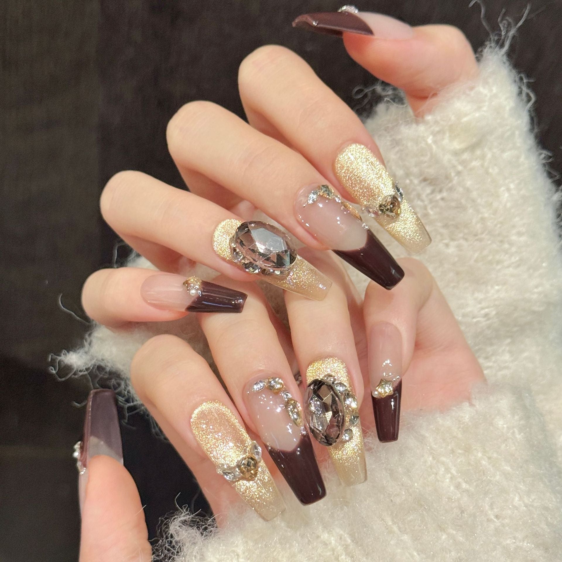 365nails: "Midnight Mocha" – Gold Leaf & Gemstone Handmade Coffin Nails