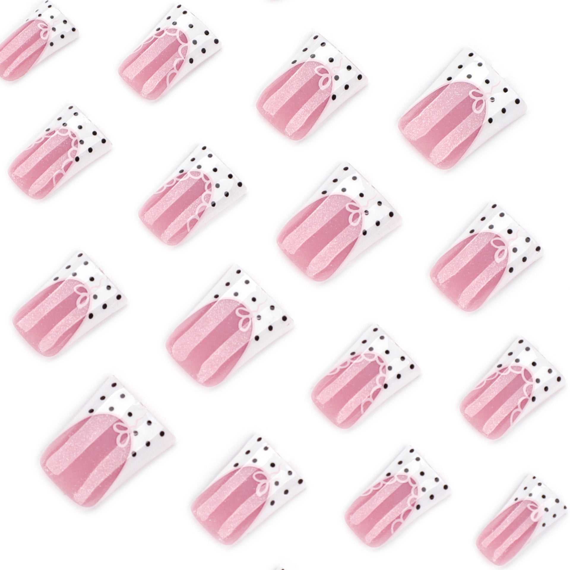 French Pink Black Polka Dot Duck Shaped Press on Nails, 24Pcs Acrylic Fake Nails with Gel Kit