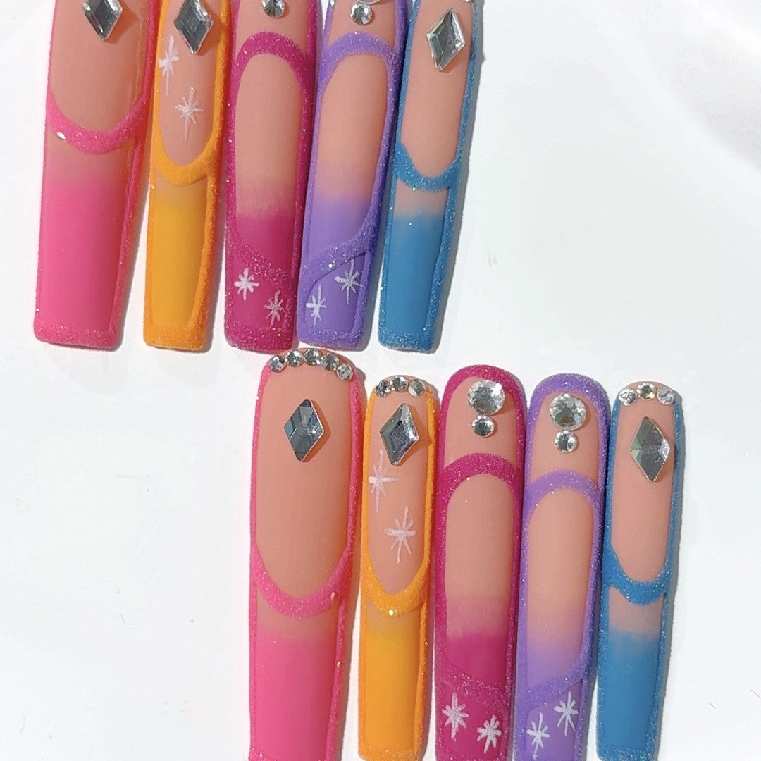 Retro Colorblock Crystal Gradient Press On Nails