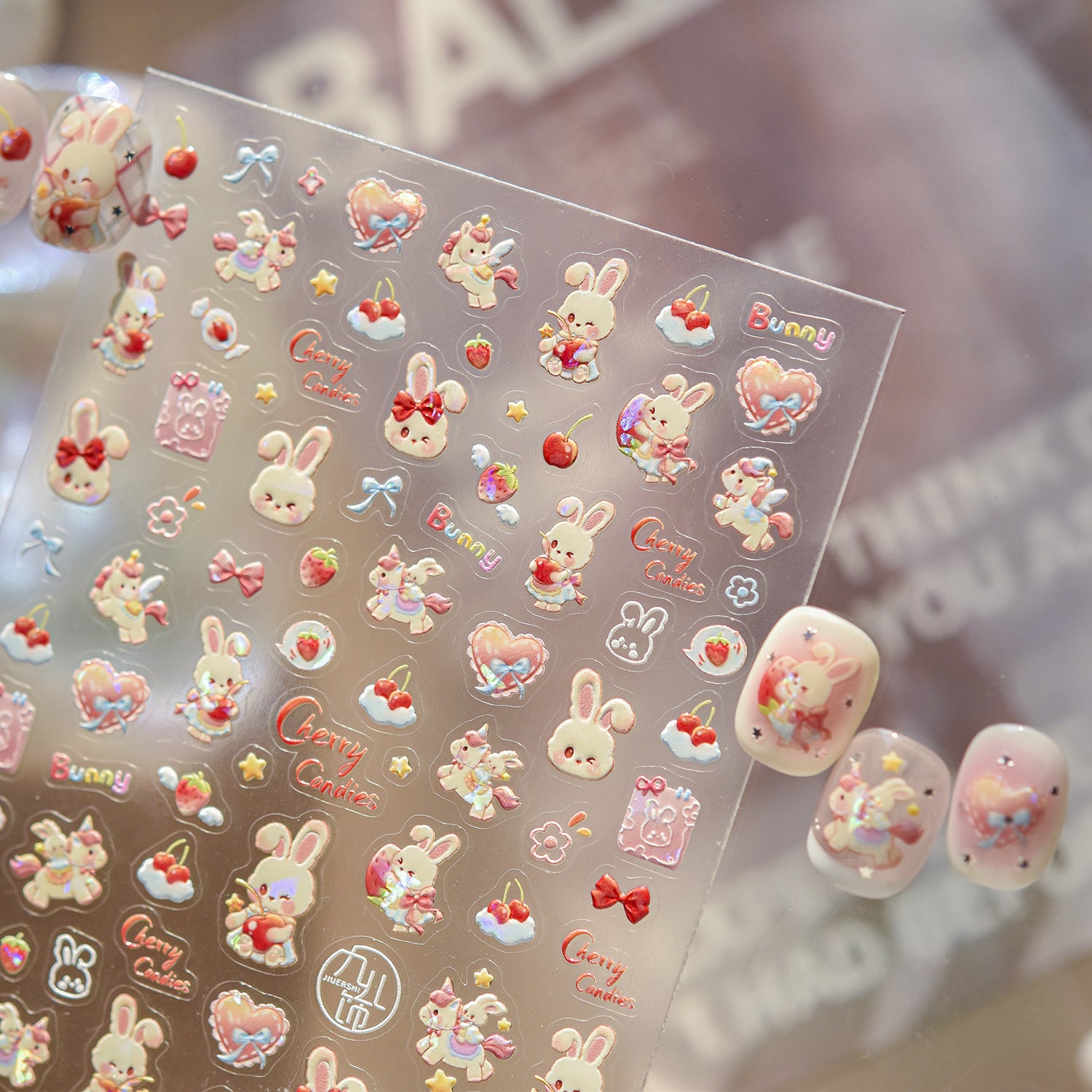 Cherry Bunny Collection: "Cute Cherry Bunny" – 3D Embossed Nail Sticker