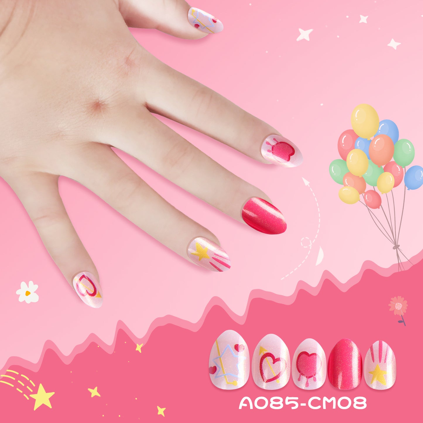 Kids press-on nails Rose red pointed almonds are suitable in small packages.