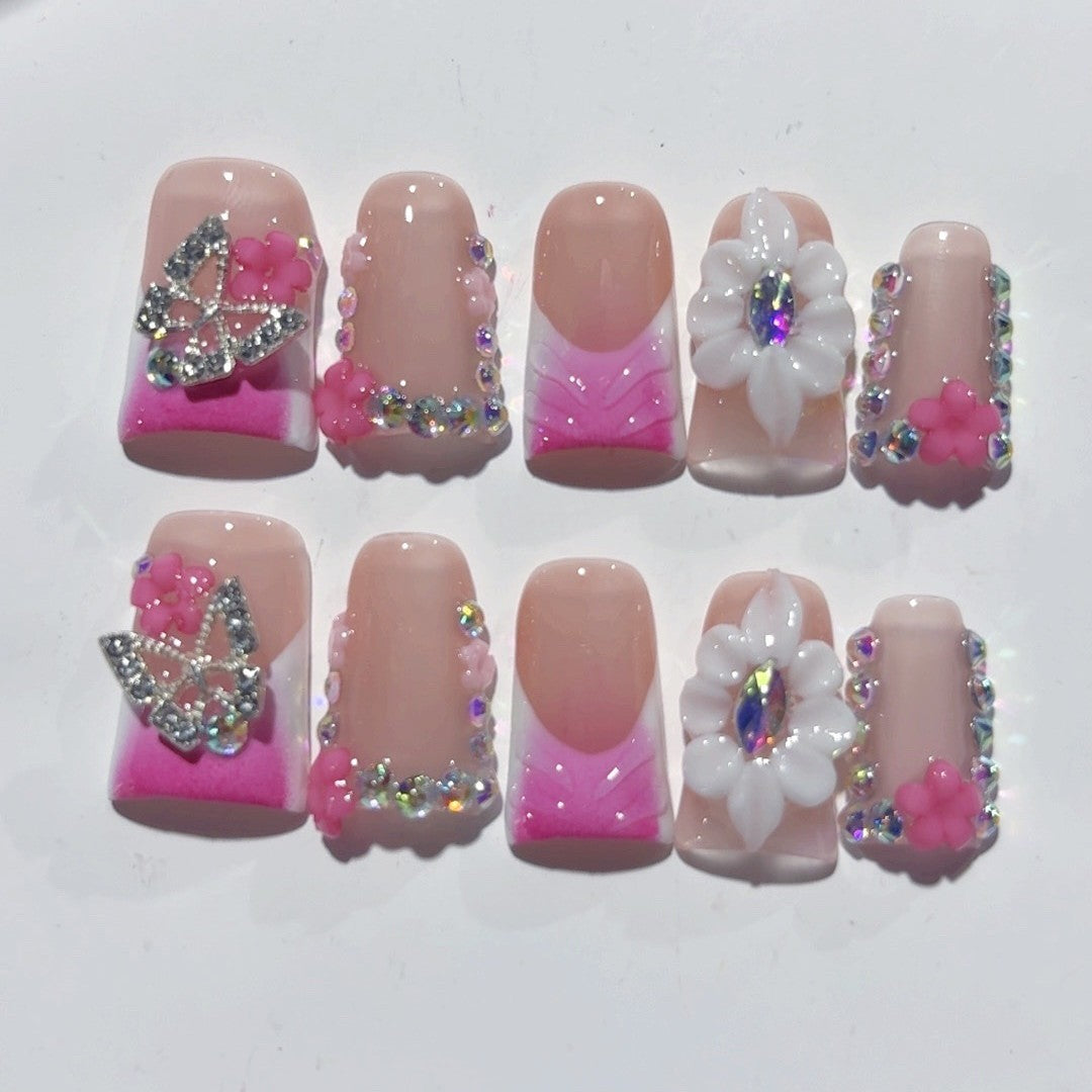 365nails-粉色蝴蝶：「花卉蝴蝶」 – 方形 手工製 3D 裝飾 穿戴甲