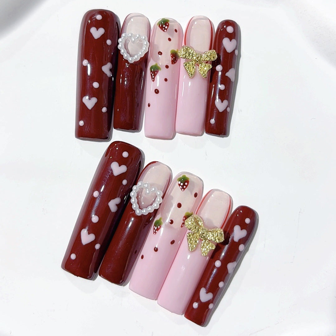 Berry Pink Heart Bow Cute Press On Nails