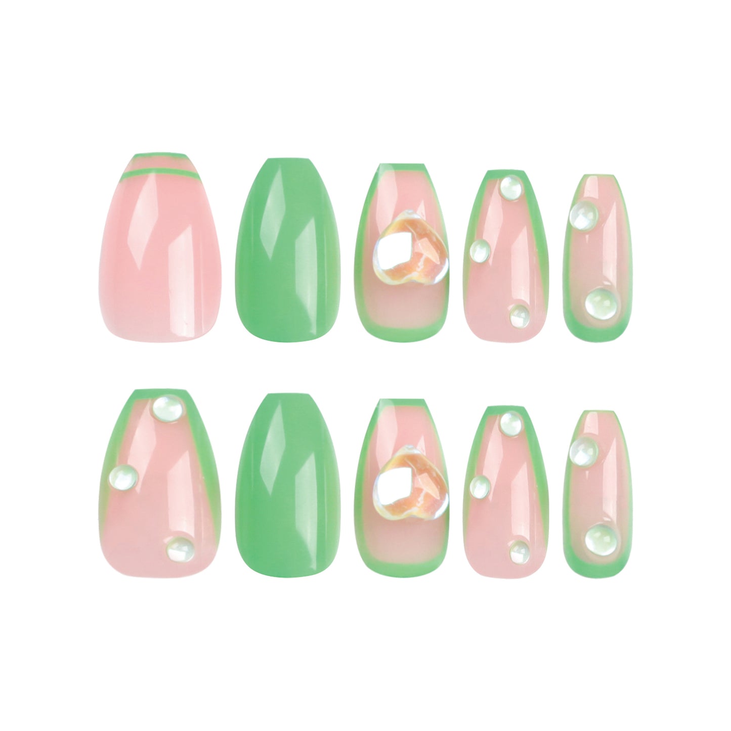 Small fresh French green edge press on nails solid color green manicure short ballet human fish bead love nail wholesale｜365nails