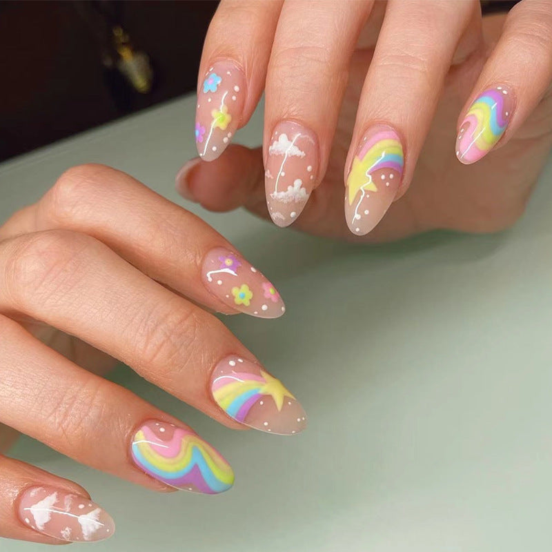 Pegatinas para uñas usables Estrellas arcoíris Nubes blancas Flores multicolores Almohadillas para uñas usables Uñas a presión｜365nails
