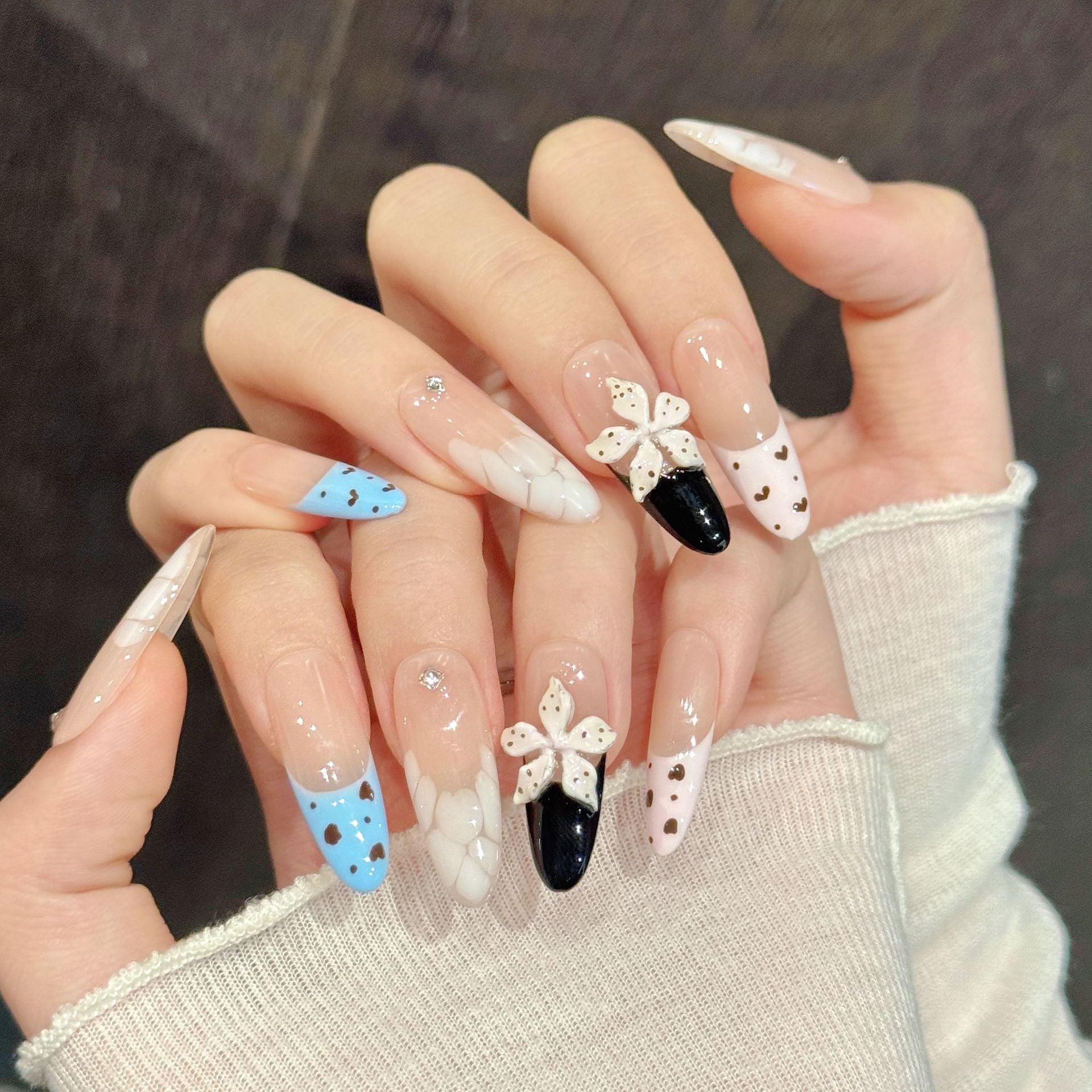 Nude Pastel Cute Flower Patchwork Soft Elegant Press On Nails