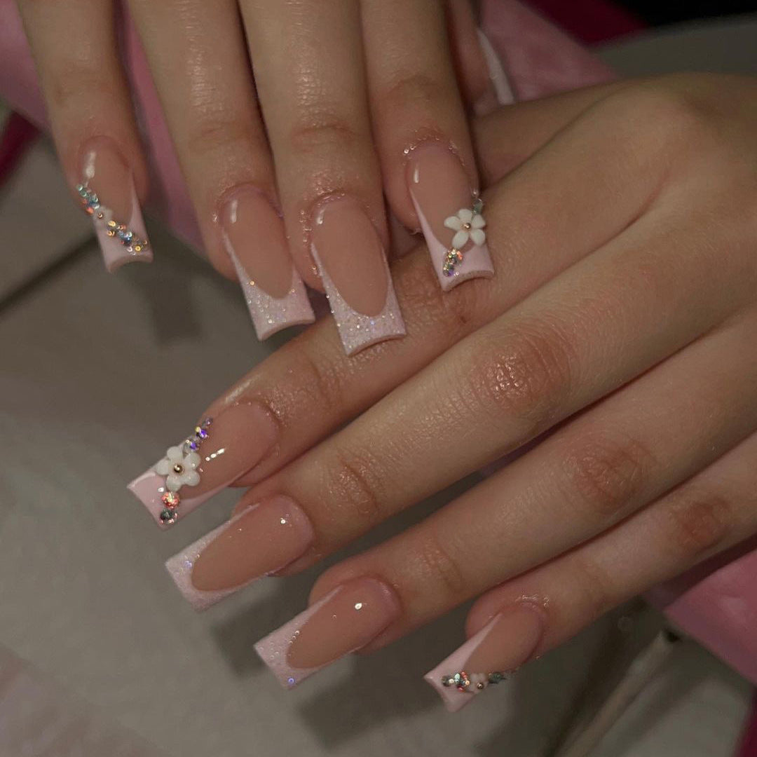 成品批發 美甲甲片 花朵 閃粉 水鑽 法式 方形｜365nails
