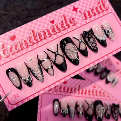 Cool spicy French black wearing nail point diamond three-dimensional bow manicure fake nail short almond  nail piece wholesale｜365nails