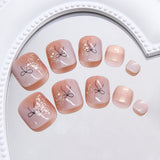 Unhas dos pés postiças removíveis, 24 peças, marrom claro, branco leitoso, com borrões finos e linhas brilhantes