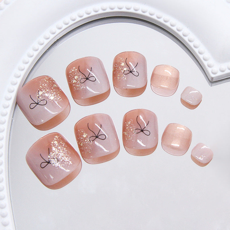 Unhas dos pés postiças removíveis, 24 peças, marrom claro, branco leitoso, com borrões finos e linhas brilhantes