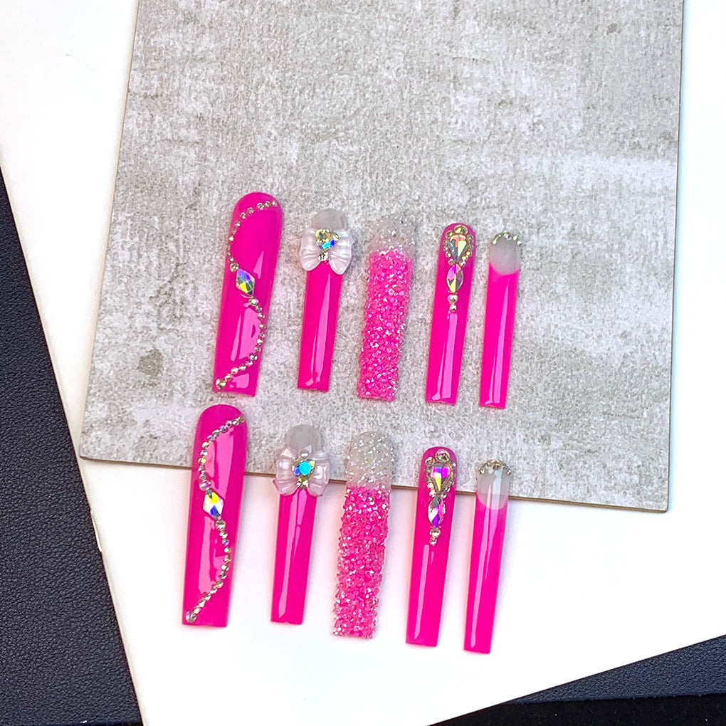 Neon Pink Crystal Accent Extra Long Press-On Nails
