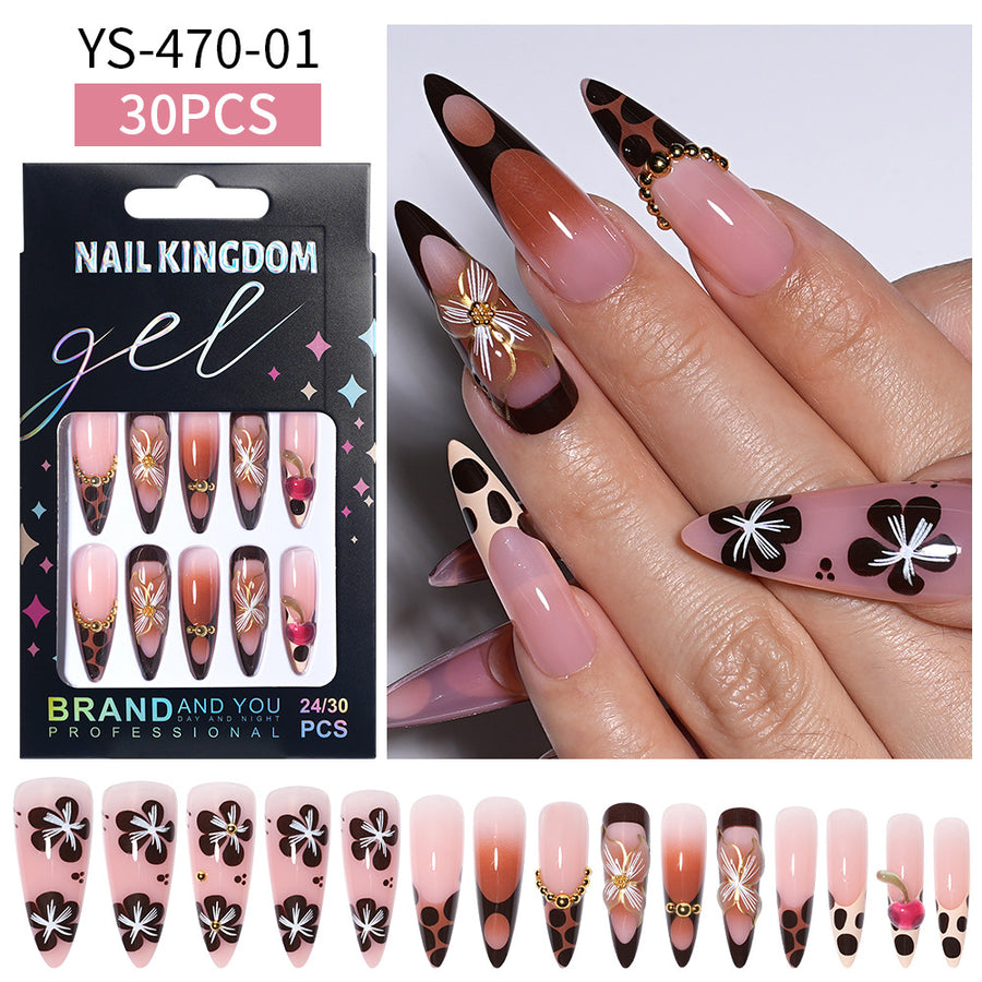 Tendance — pièces d'ongles amovibles motif fleur, forme amande, longues, finition nail art (MOQ=3)