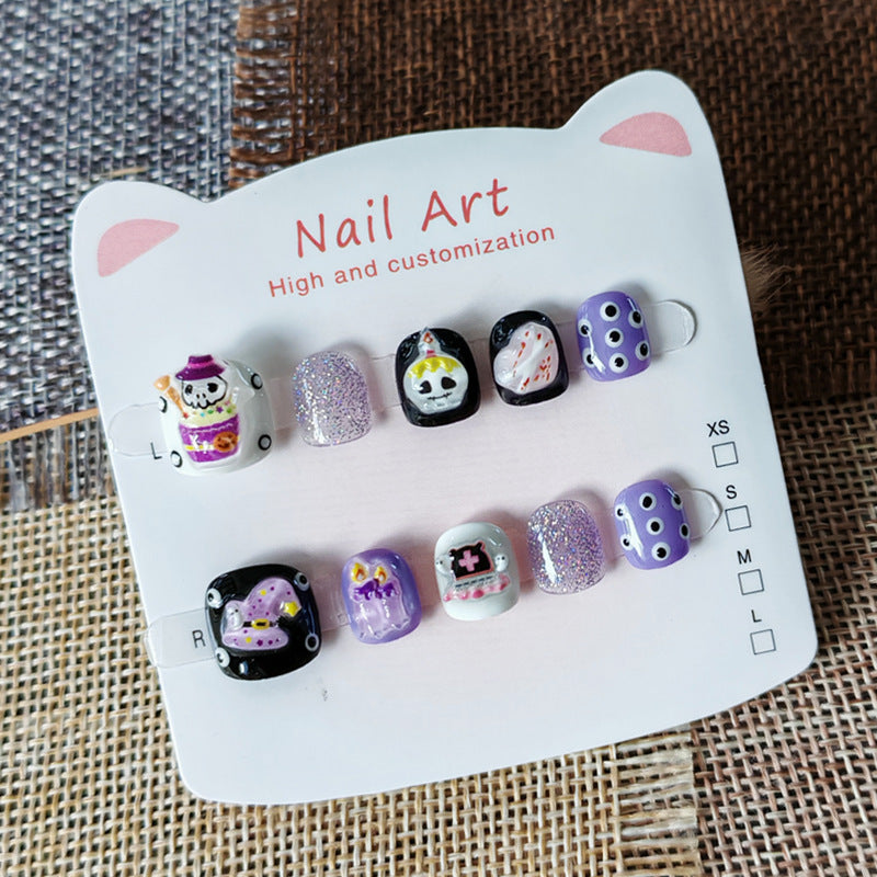 365nails-Série Infantil de Halloween Assustador: "Magia da Caveira Roxa" – Unhas Postiças Infantis Curtas Quadradas