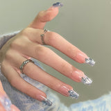 Unhas postiças removíveis com acabamento em remendo, feitas à mão, em azul-céu estrelado e brilhante, com diamantes brilhantes, atacado｜365nails