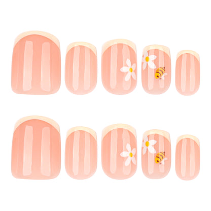 Fresh Bee Flower Nail Art Products Finished Wholesale French Yellow Wearing False Nails Short Square Nail Wearing Nail｜365nails