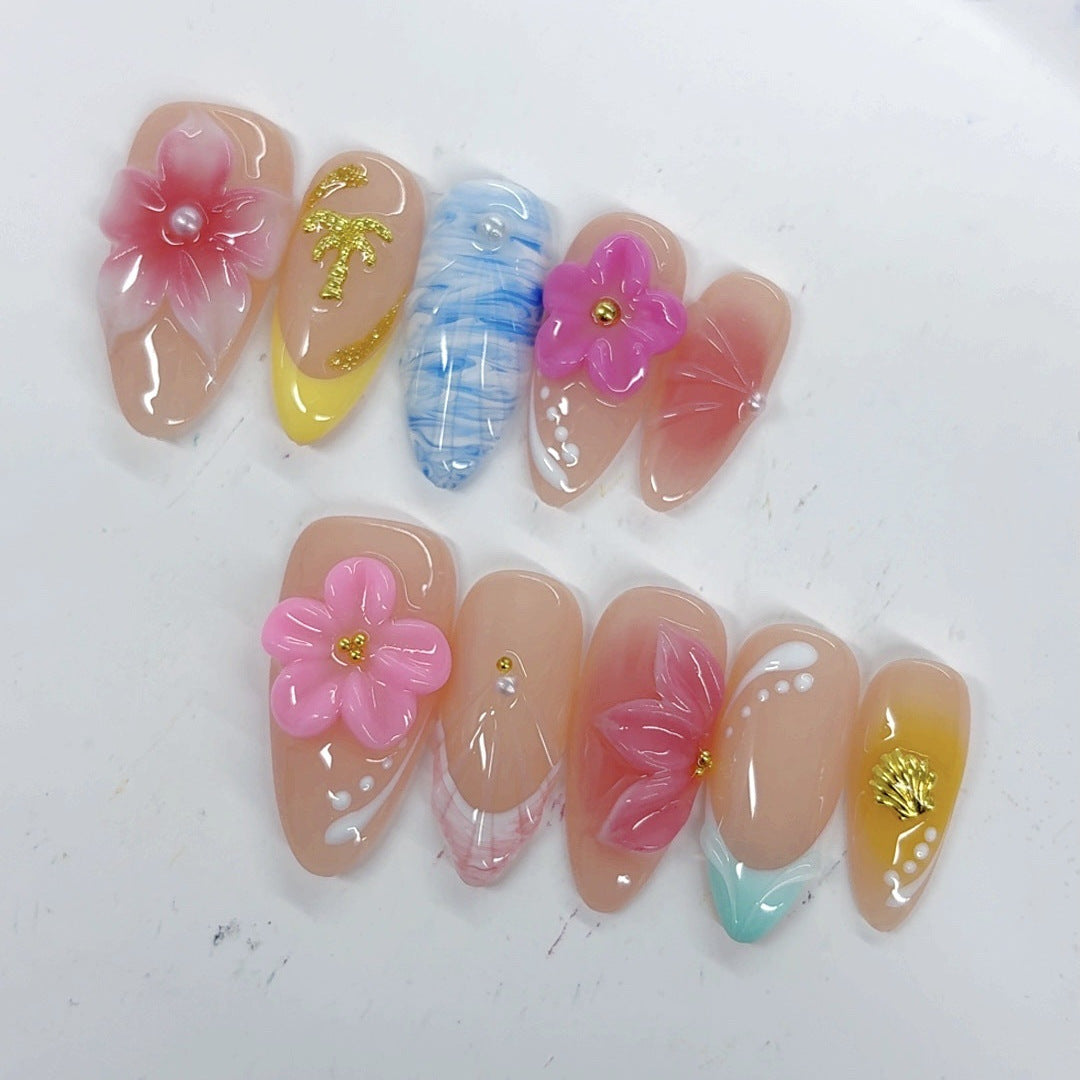 Tropical Bloom: "Beachside Floral Escape" – Almond Press-On Nails