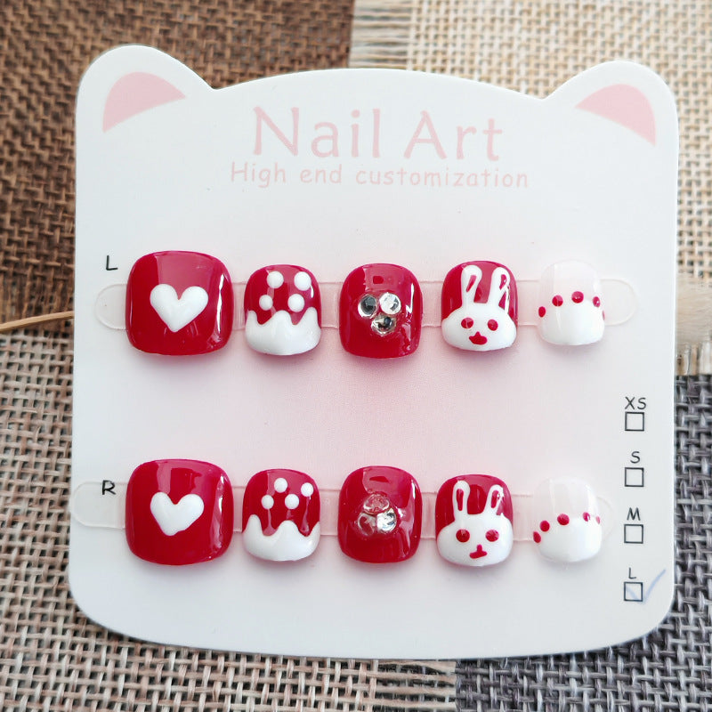 365nails-Lucky Bunny Kids Series: "可愛紅兔" – 短款方形兒童穿戴甲