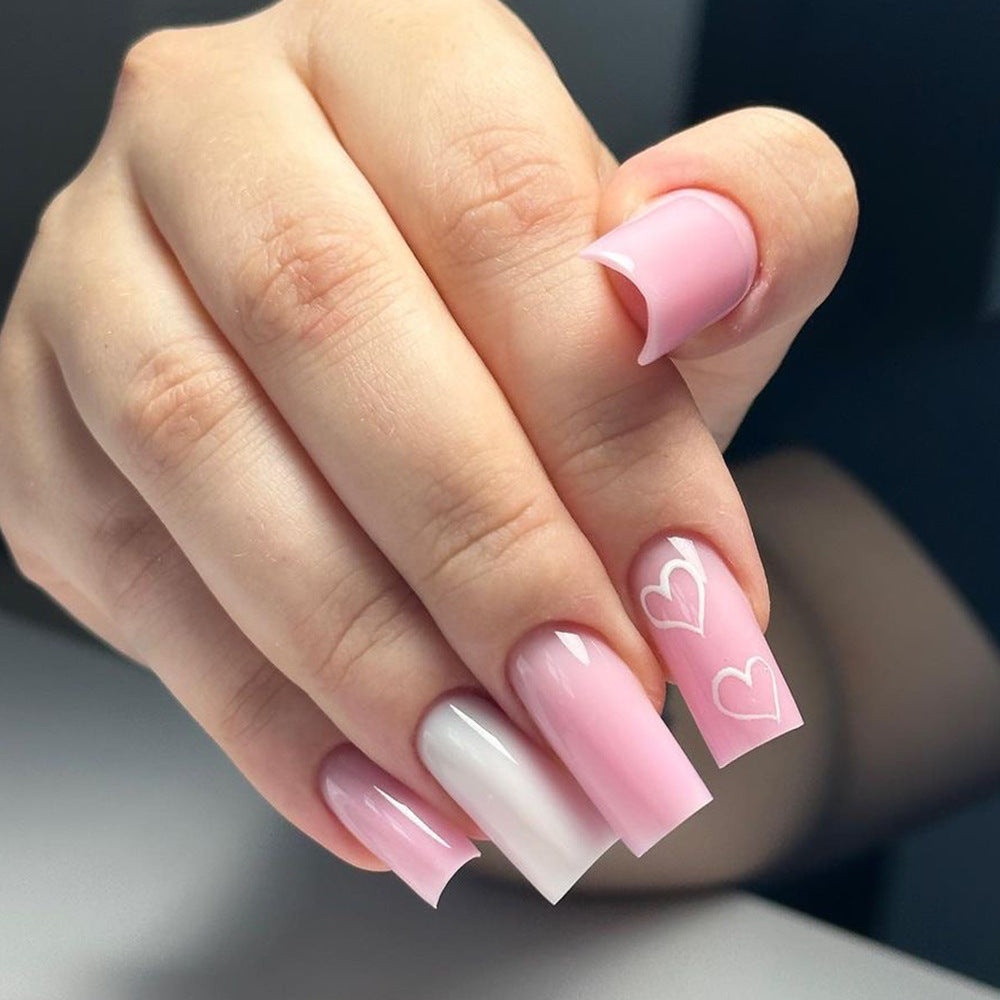 簡約愛心 情人節穿戴甲 粉白色 中長款方形 美甲甲片 批發｜365nails
