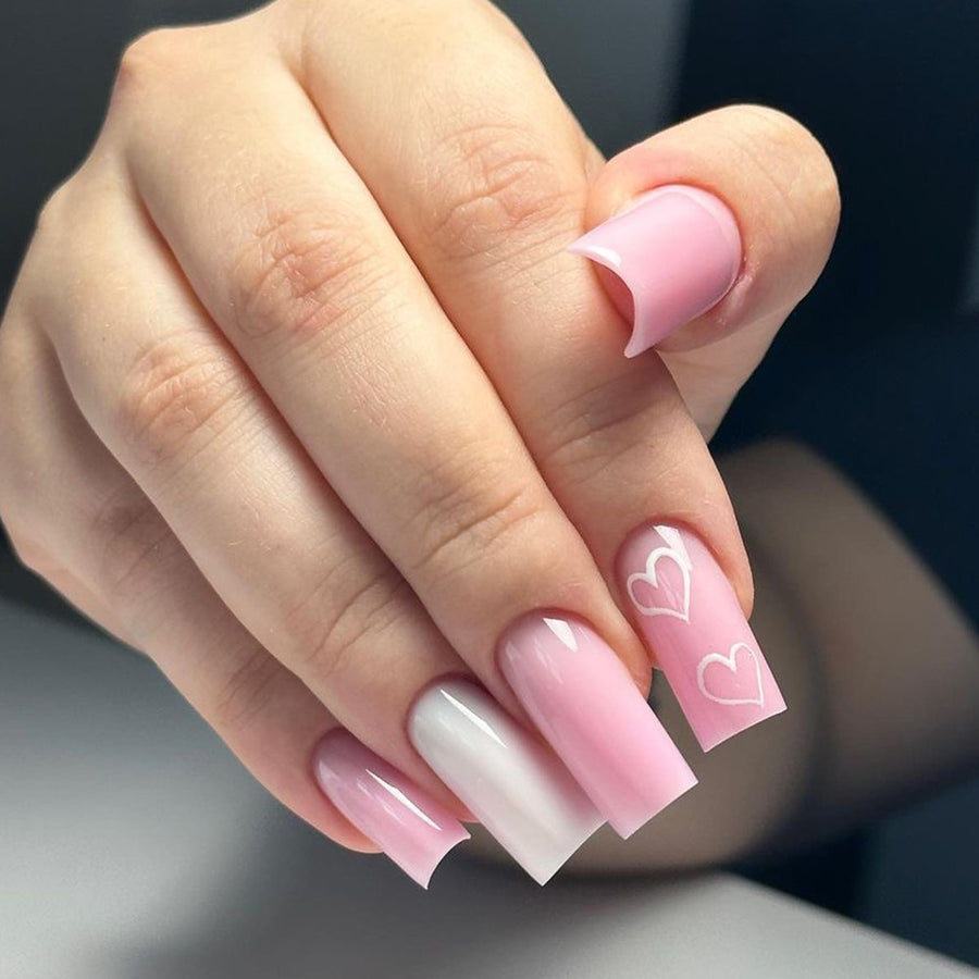 심플 러브 발렌타인 데이 착용 네일 핑크·화이트 미디엄·롱 스퀘어형 네일 아트 패치 도매｜365nails