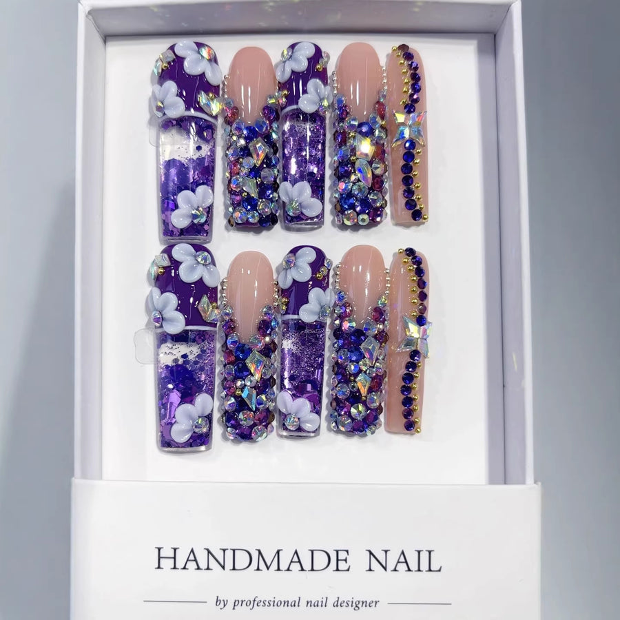 Violet Galaxy: "Purple Floral Bling" – Long Stiletto Shape Handmade Press-On Nails