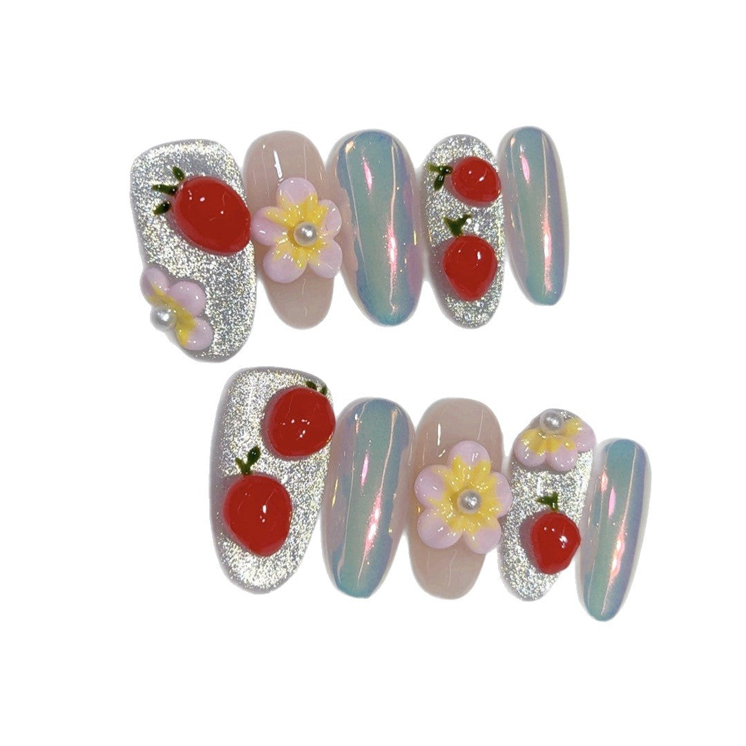 Cherry Berry: "Morango & Floral" – Unhas Postiças Quadradas
