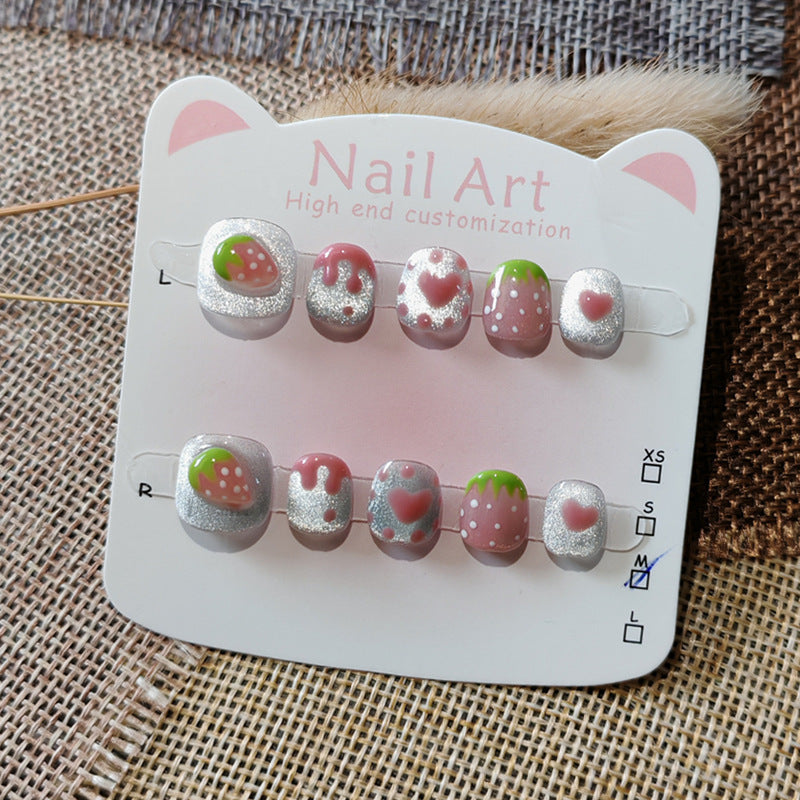 365nails: "silver strawberry heart" – short round handmade kids press-on nails