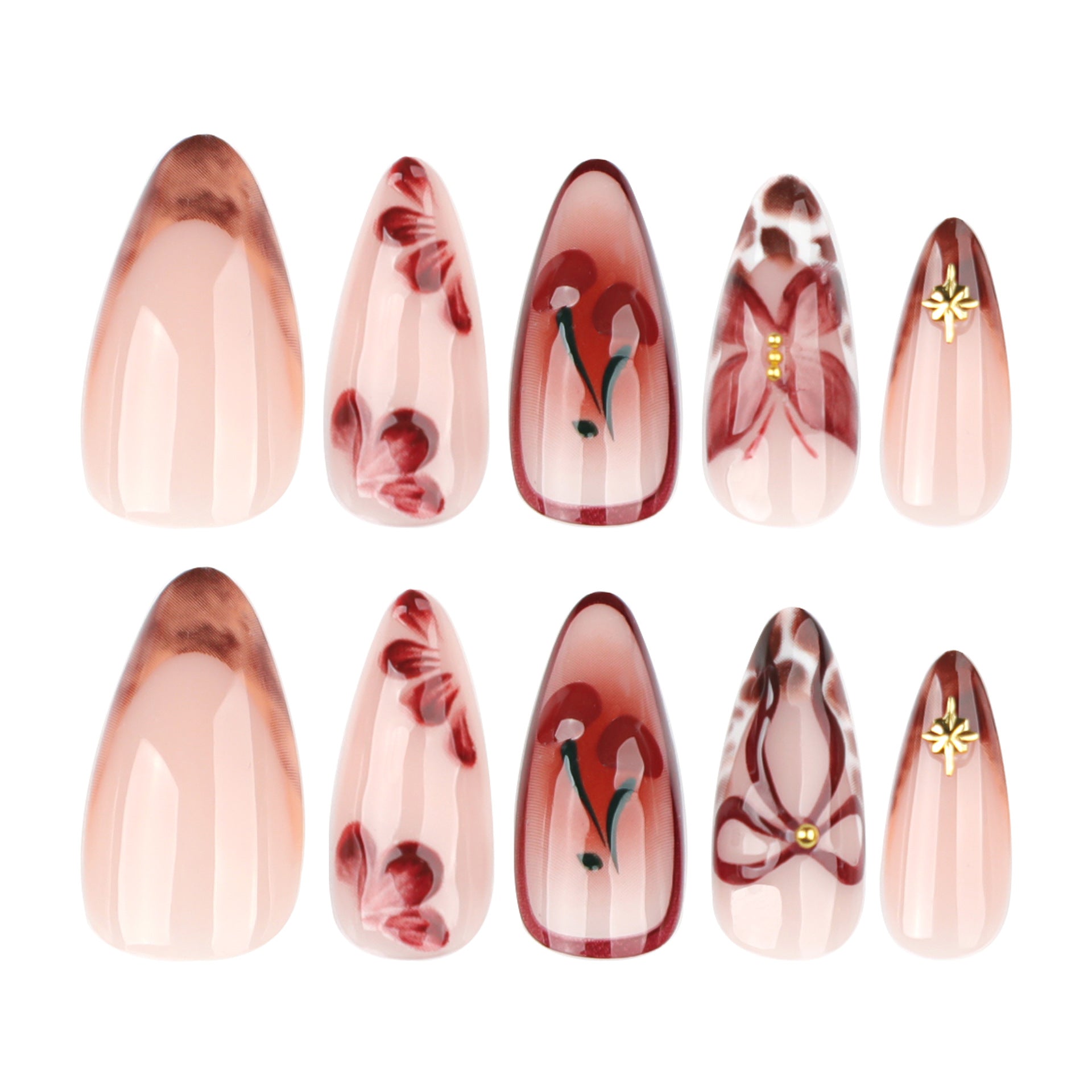 Vintage bloem 3D stereo strik amandel press-on nagels