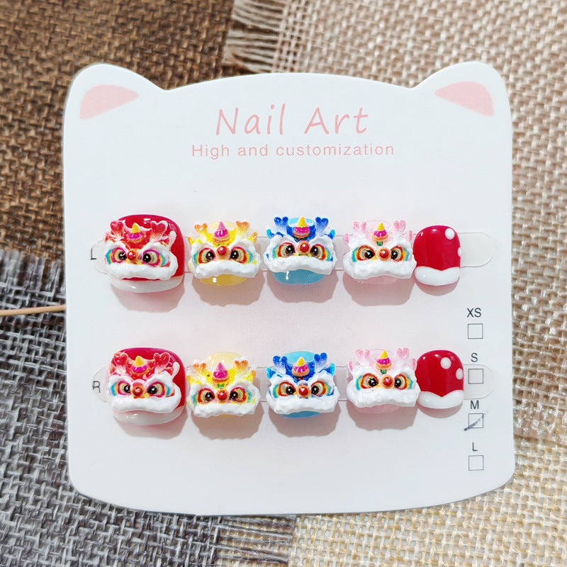 365Nails: "Auspicious Lion Dance" – Handmade Cute Short Oval Press On Nails With Chinese Lion Dance Design
