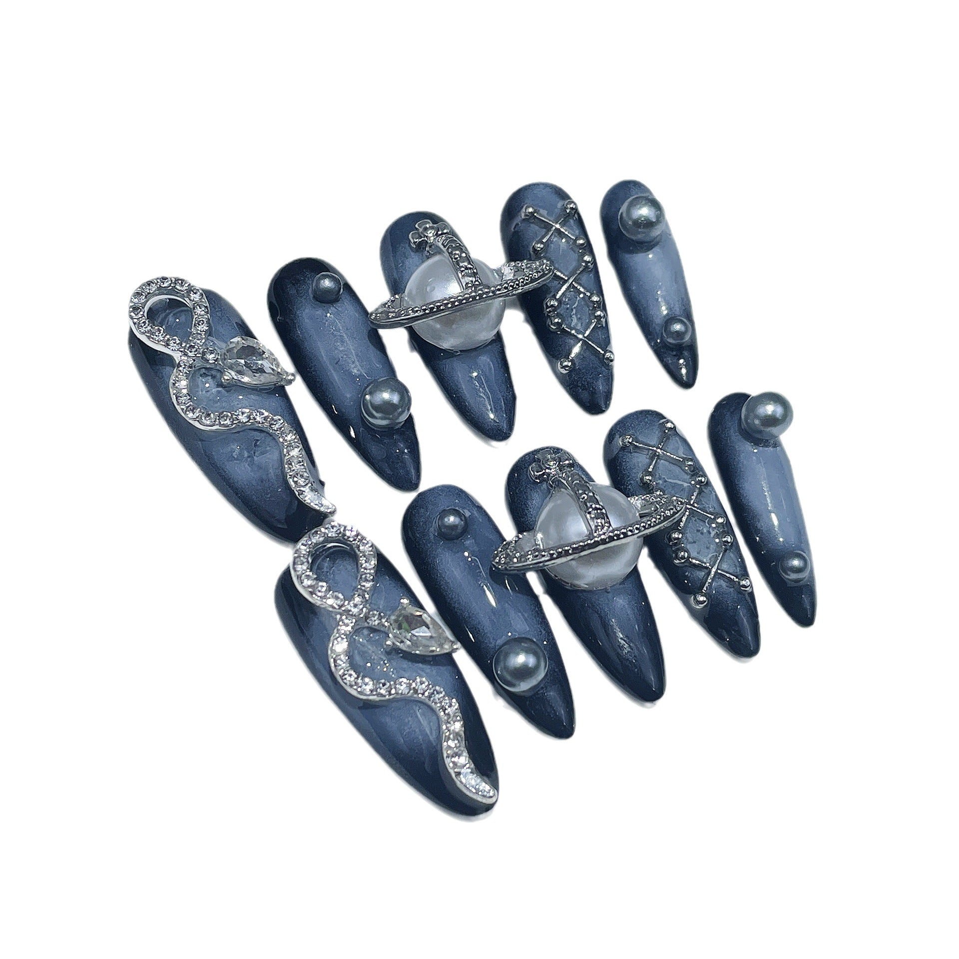 Pegatina de uña larga con diseño de serpiente de metal y viento de aleación de la Emperatriz Viuda Jiaxi, hecha a mano por completo｜365nails