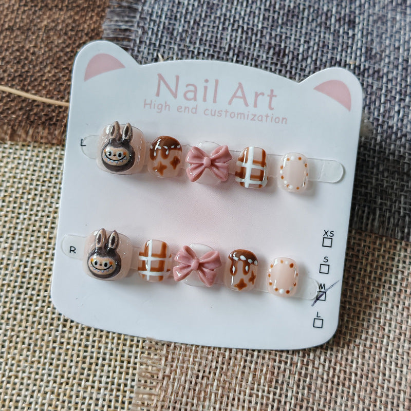 365nails: "caramel labubu buddies" – short round handmade kids press-on nails