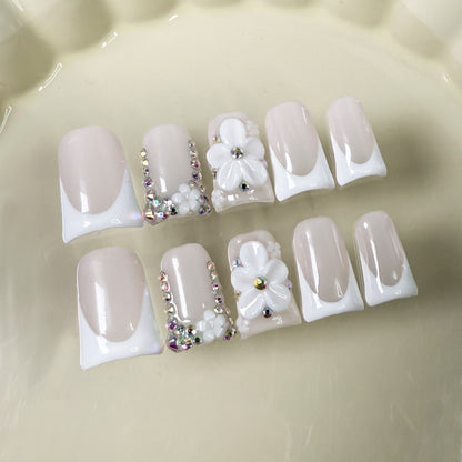 Duck mouth manicure, simple and pure French ice-through three-dimensional carving, pure Handmade press on nails fake nails｜365nails