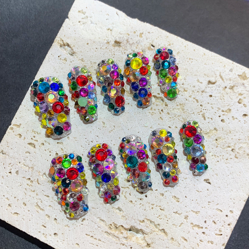 Multicolor Crystal Full Cover Statement Press On Nails