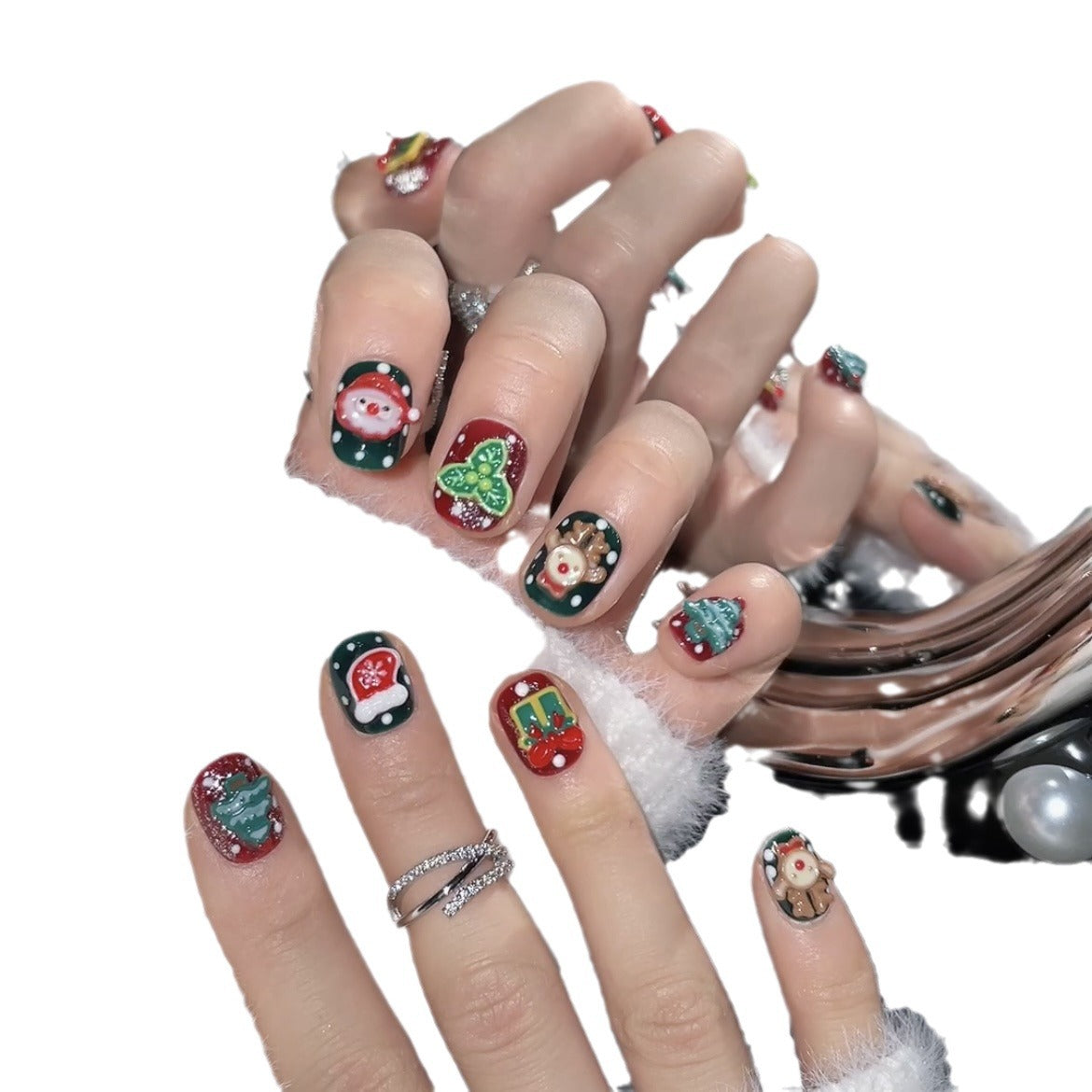 Merry Christmas Press‑On Nails – Snowman Reindeer Gift Design