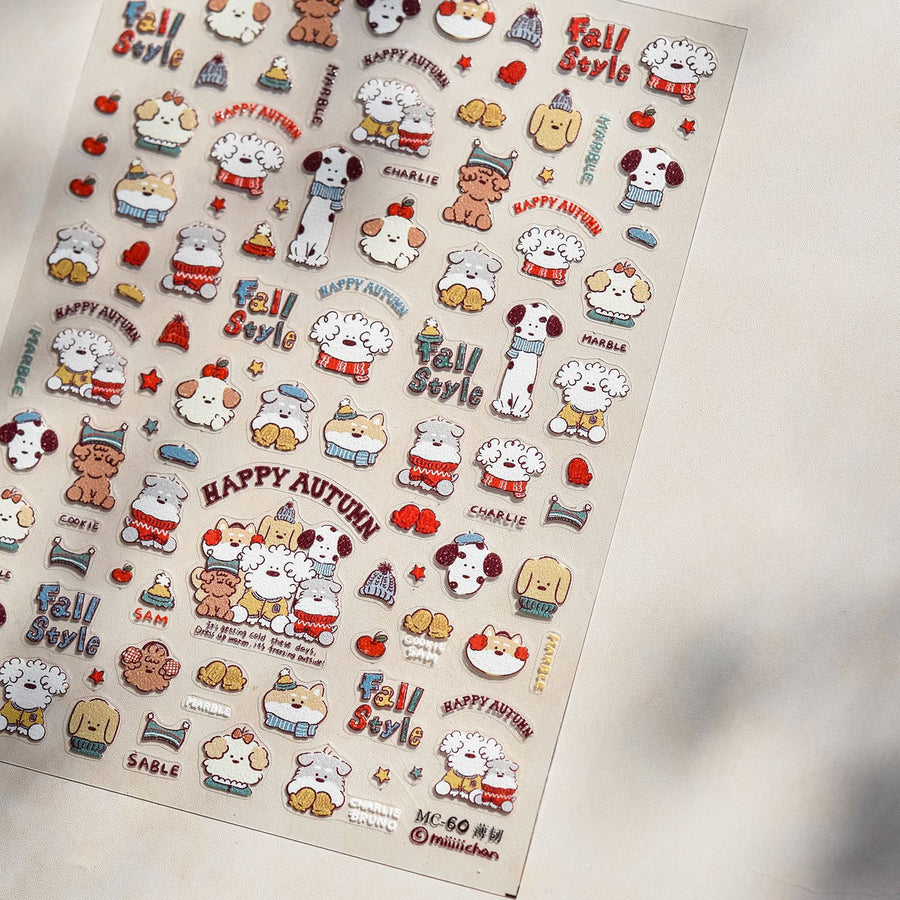 nail stickers Cute Puppy & Girl Nail Stickers – 5D Embossed Happy Autumn Set