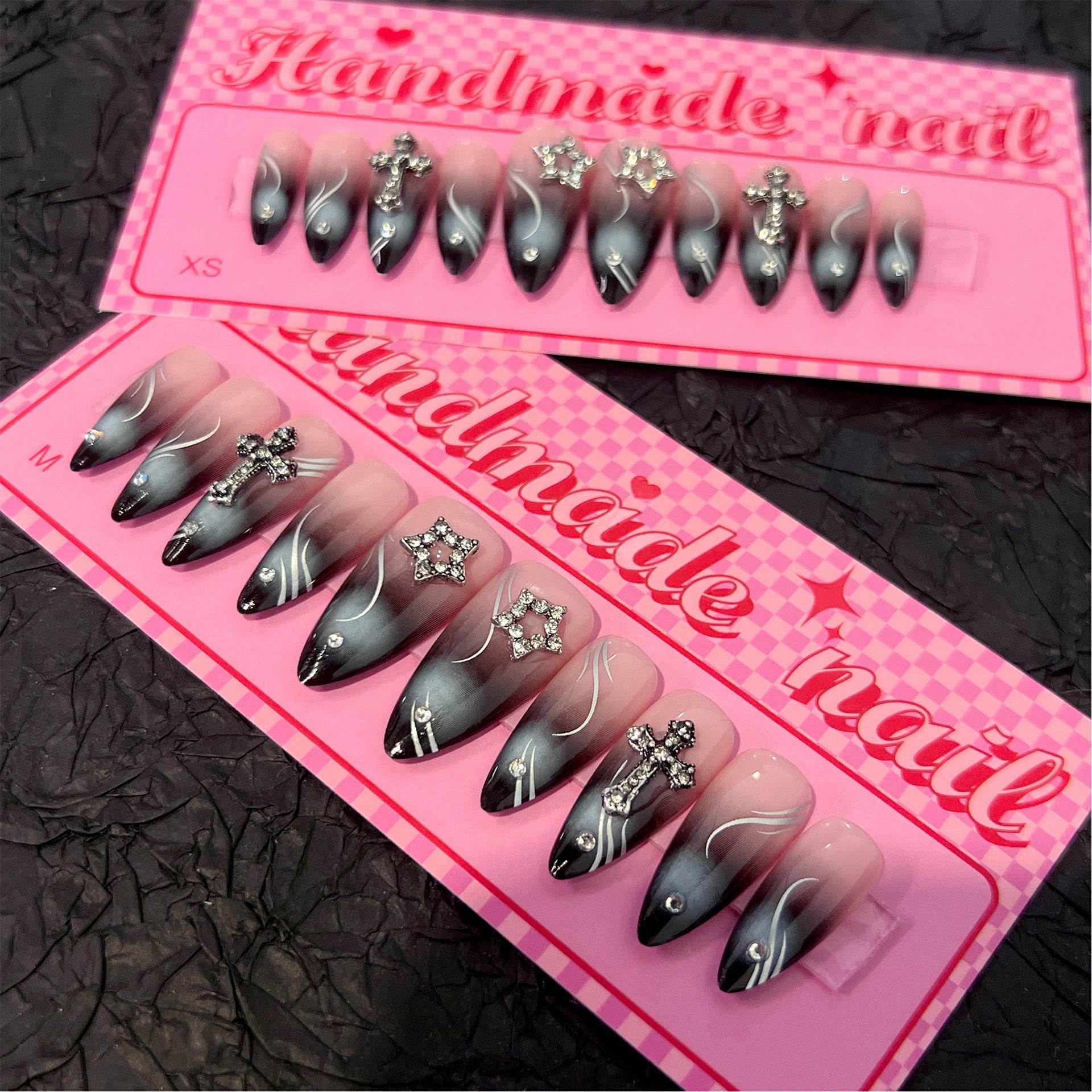 Red-Black Ombre Flame-Inspired Handmade Press-On Nails | Stiletto | Silver Cross Charms with Rhinestones
