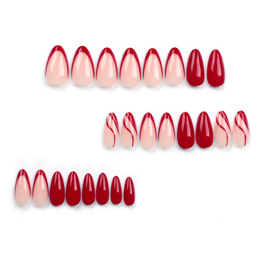Simple Wear Nail Nail Sheet Solid Color French Red Corrugated Line Almond Nail Detachable Finished Nail Sheet Wholesale｜365nails