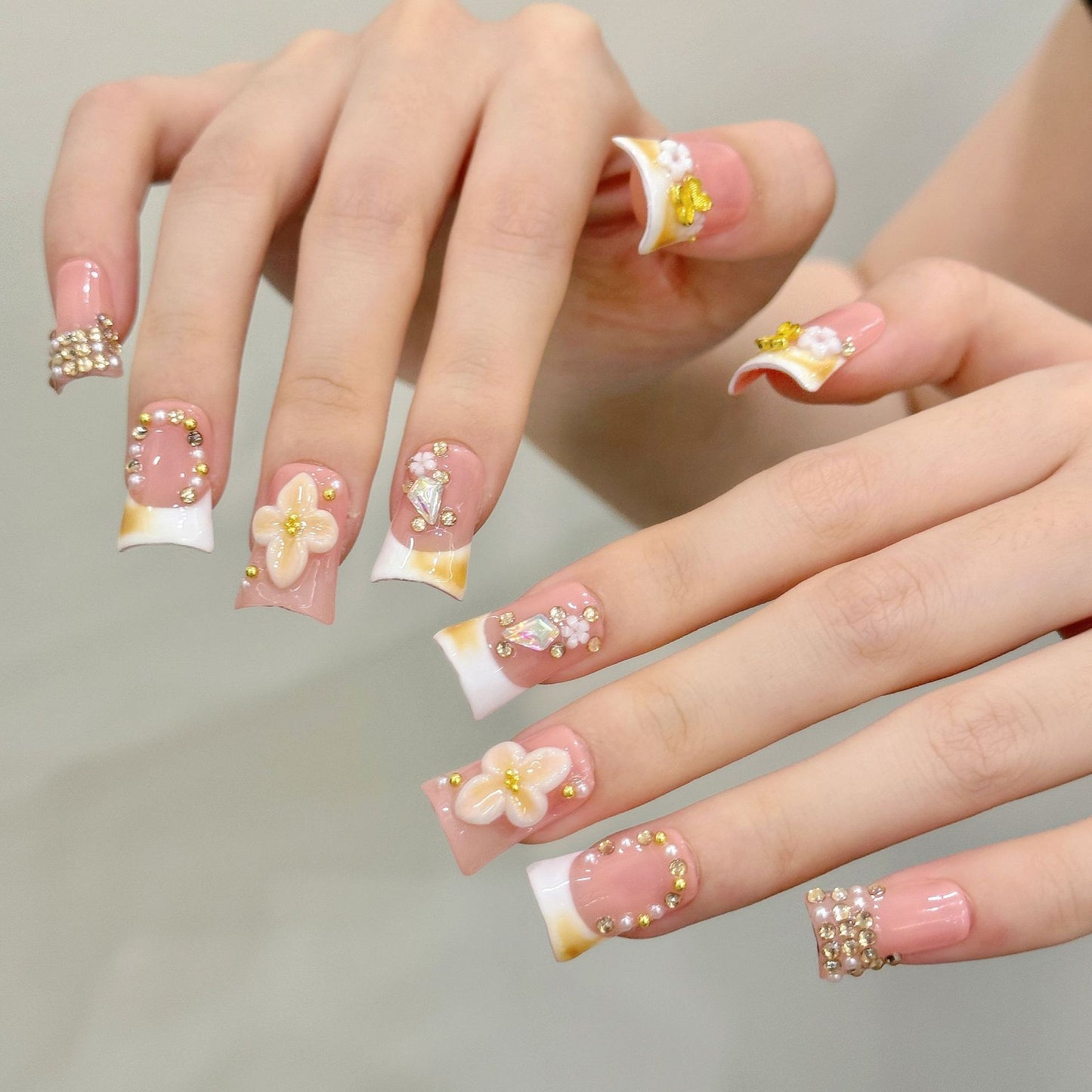Floral Peach Crystal Press On Nails