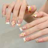 Floral Peach Crystal Press On Nails