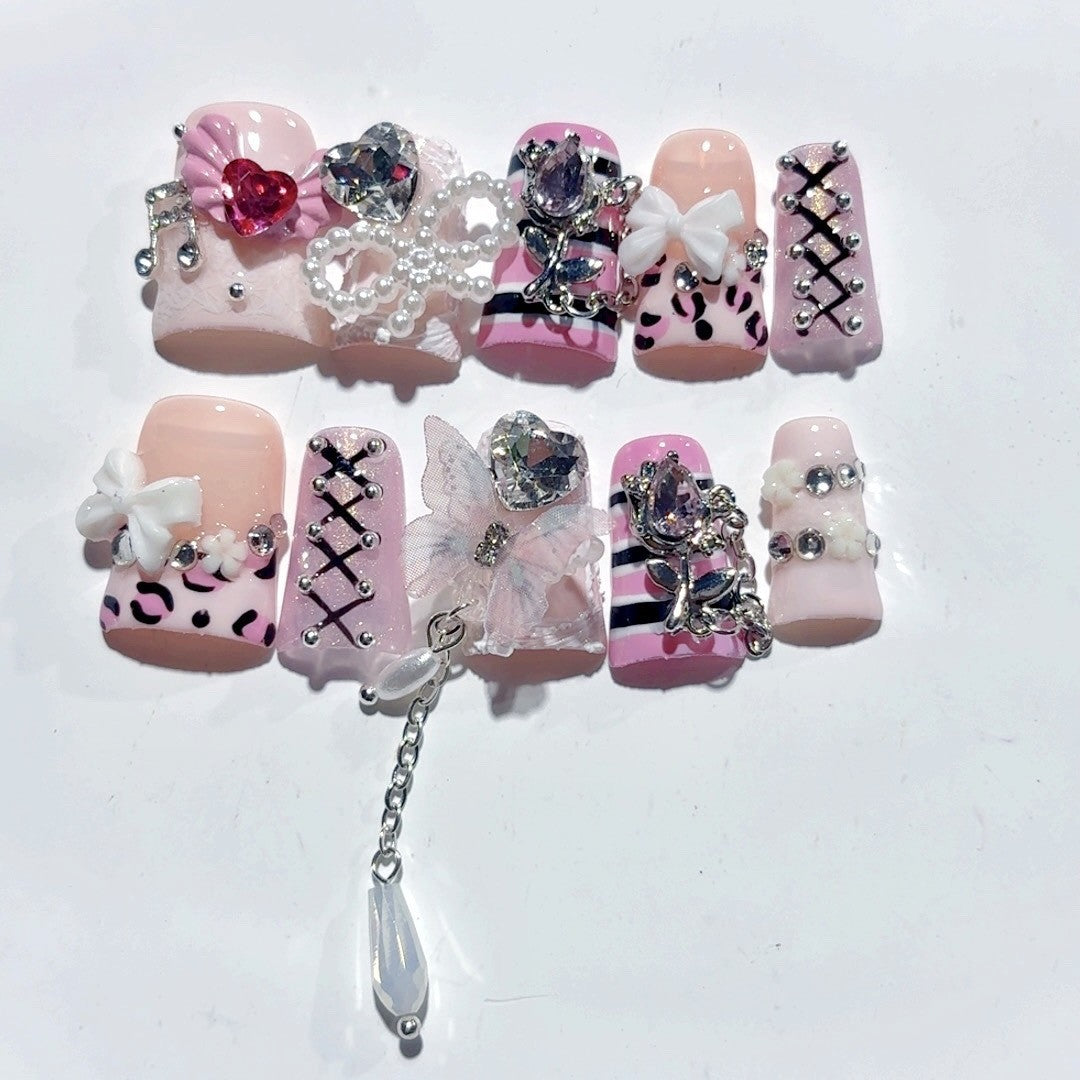 365nails-Sweet Punk: "Pink Leopard Lace-Up" – Tapered Square Press-On Nails