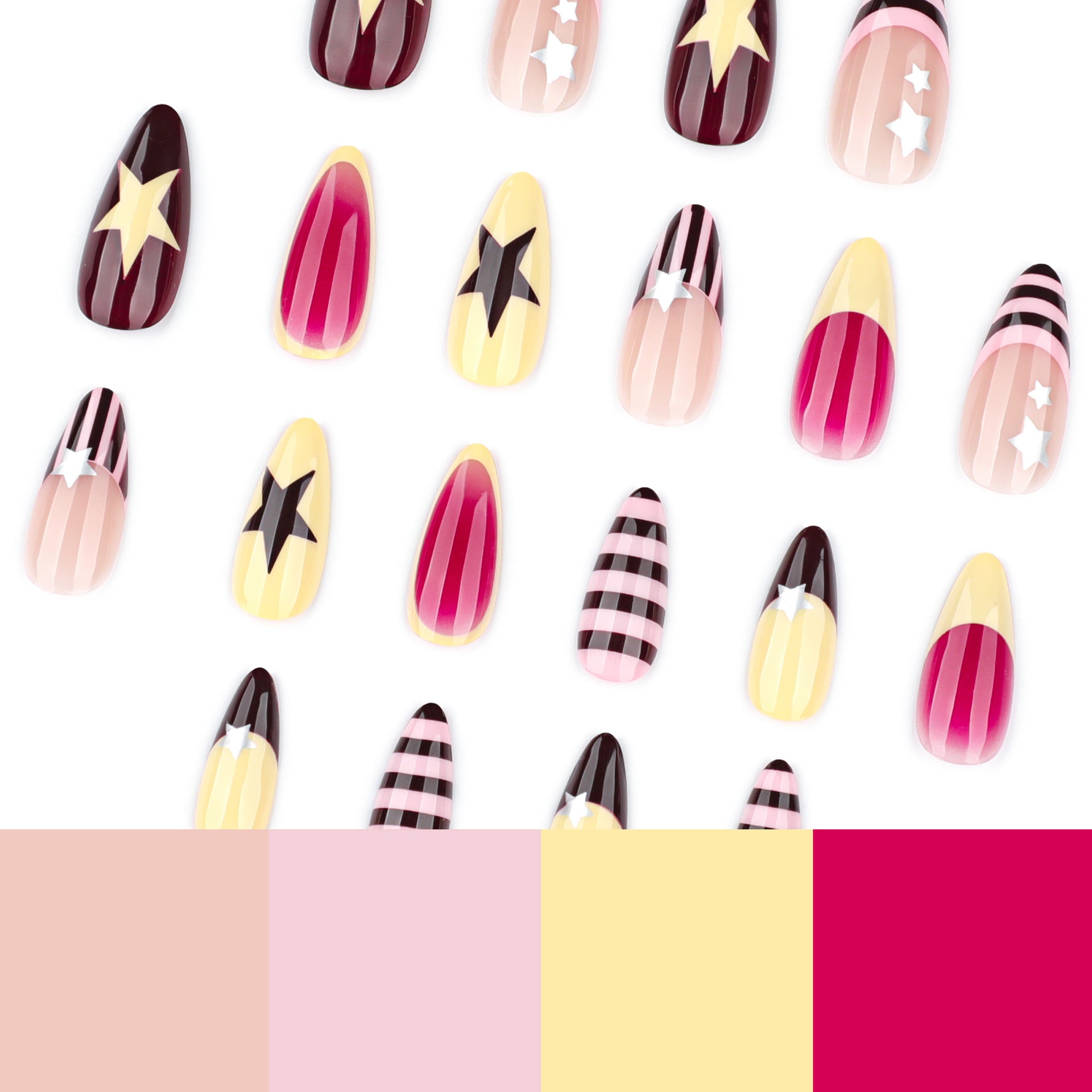 Almond-shaped press-on nails with star accents