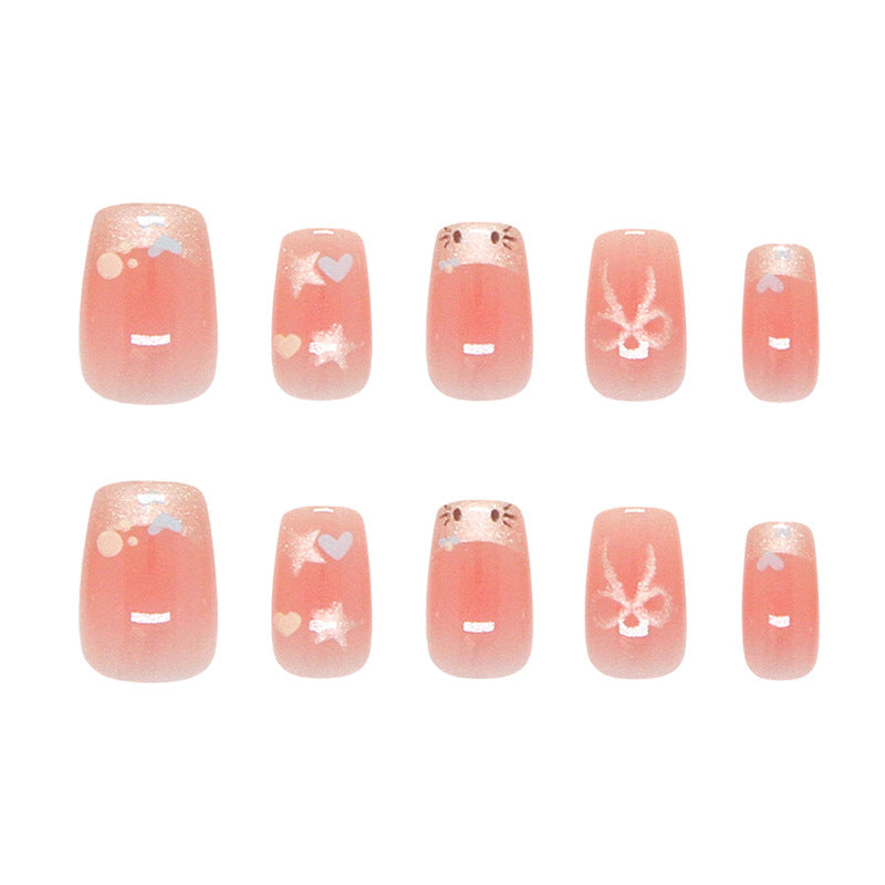 Pontas de unhas pré-fabricadas Linhas de unhas Cat Love Cat Eye Blush francês Laço Sweet Star Wear unhas 30 peças ｜ 365 unhas