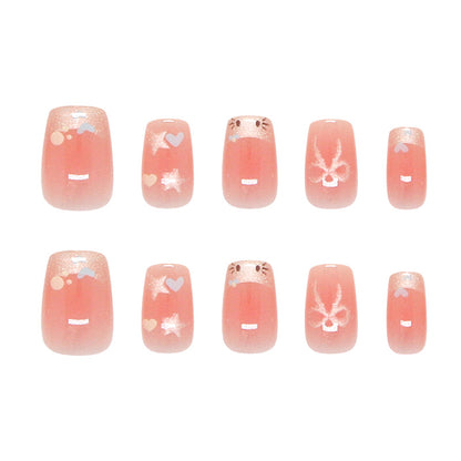 Pontas de unhas pré-fabricadas Linhas de unhas Cat Love Cat Eye Blush francês Laço Sweet Star Wear unhas 30 peças ｜ 365 unhas