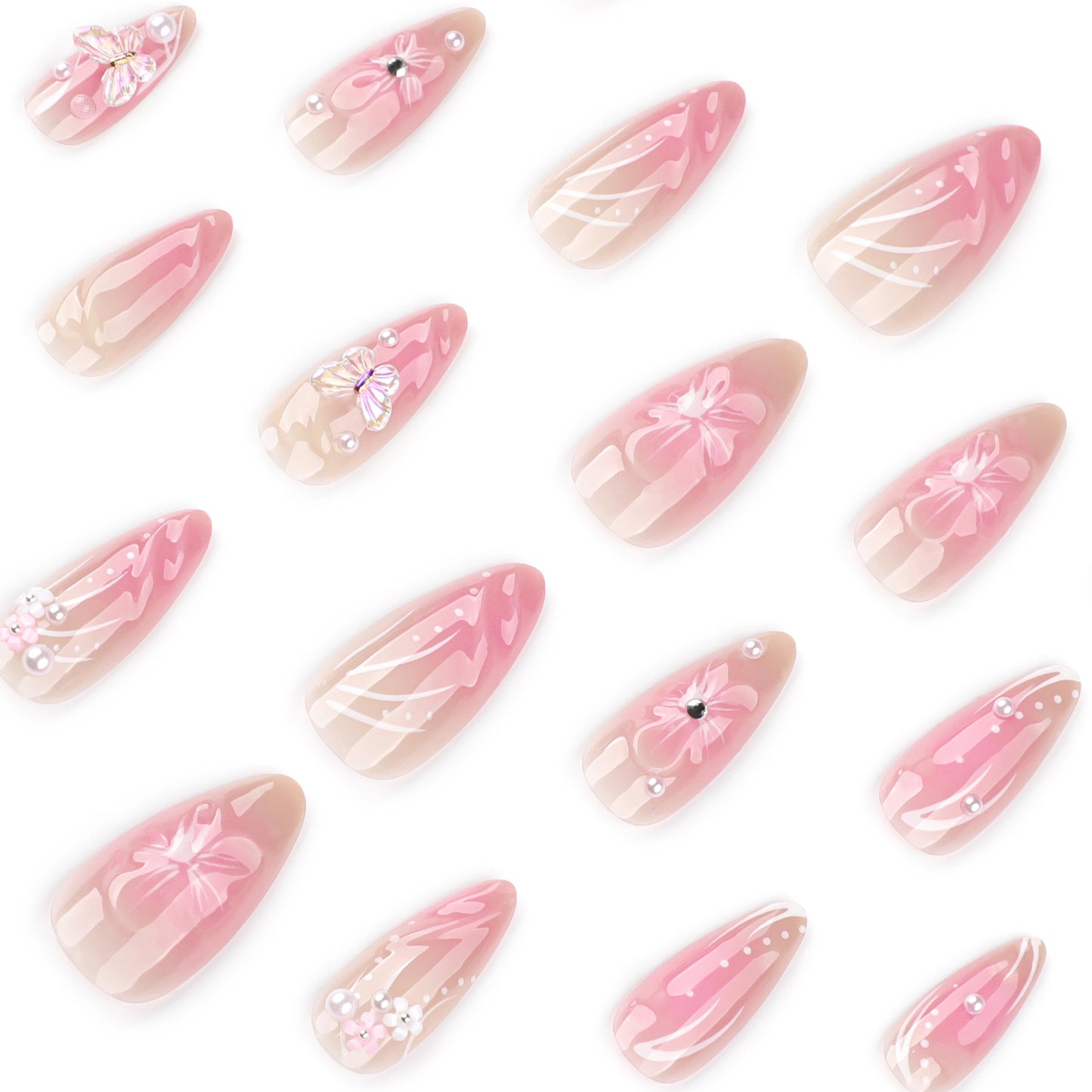 hot-selling almond nail short wearable nail piece blush fake nail 3D three-dimensional flower nail piece｜365nails